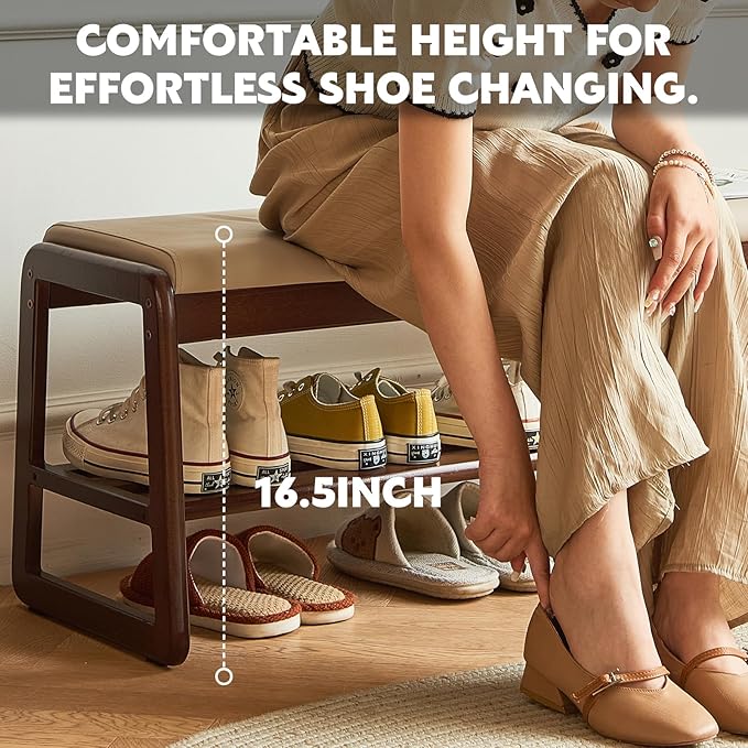 Solid Wood Shoe Bench, 2-Tier Wooden Storage Entryway Bench, Small Entryway Bench, Mid-Century Modern Bedside Bench with Faux Leather Cushion for Dining Room Living Room, Cream Grey 21.65''