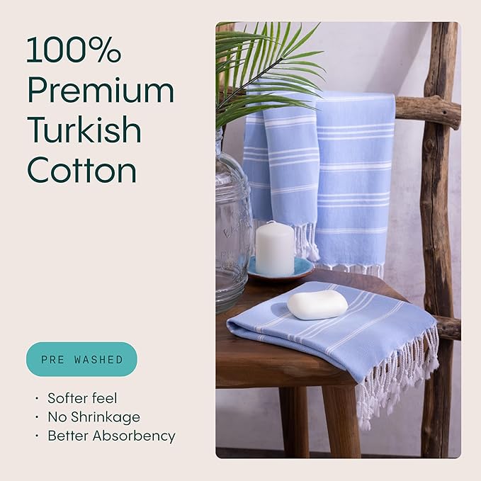 WETCAT Turkish Hand Towels with Hanging Loop, Set of 2 (20" x 30") 100% Turkish Cotton, Pre-Washed, Quick Drying, for Kitchen or Bathroom - Light Blue