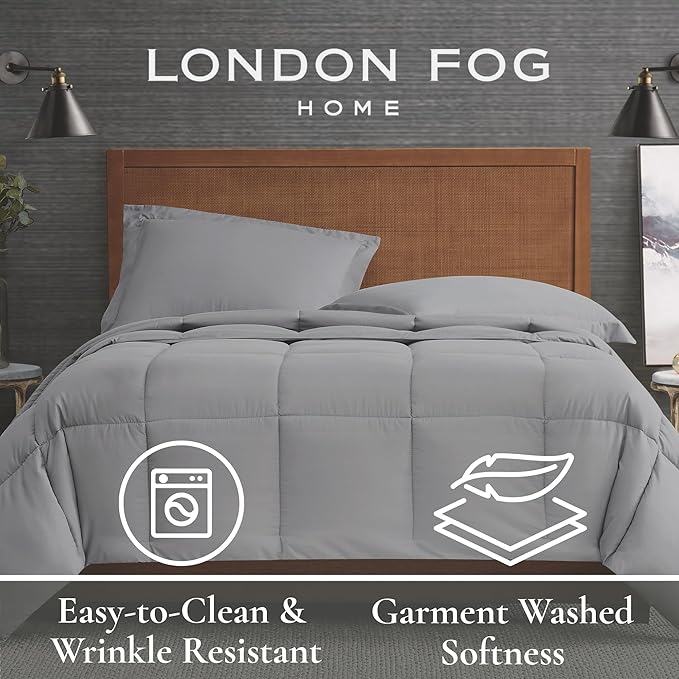 London Fog Garment Washed Solid Comforter Set Blue Microfiber 3-Piece Full/Queen Comforter Set, Solid Themed, Adult and Teen, Oeko-TEX Certified