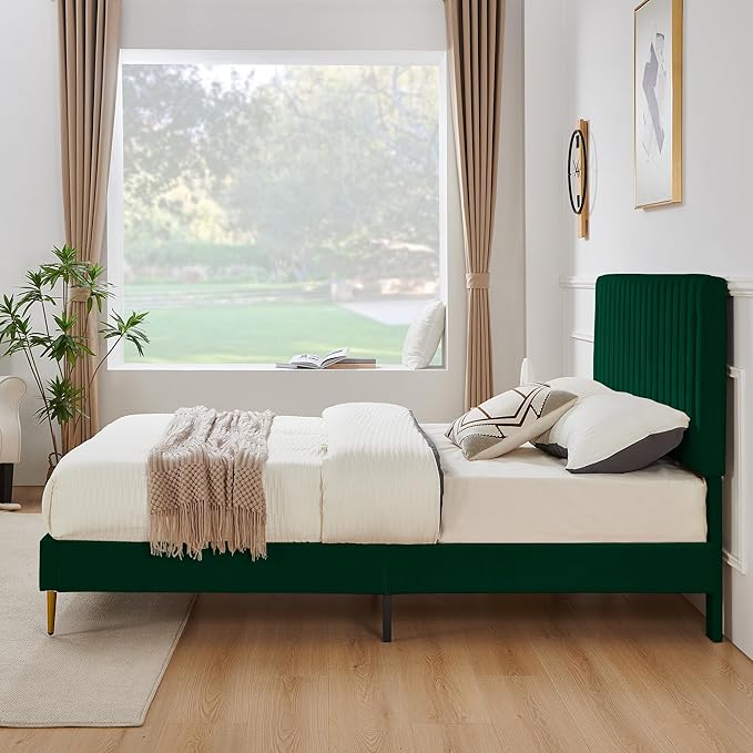 Twin Platform Bed Frame, Velvet Upholstered Bedframe with Vertical Channel Adjustable Headboard, Golden Plating Trim, Mattress Foundation with Wooden Slats, No Box Spring Needed, Green