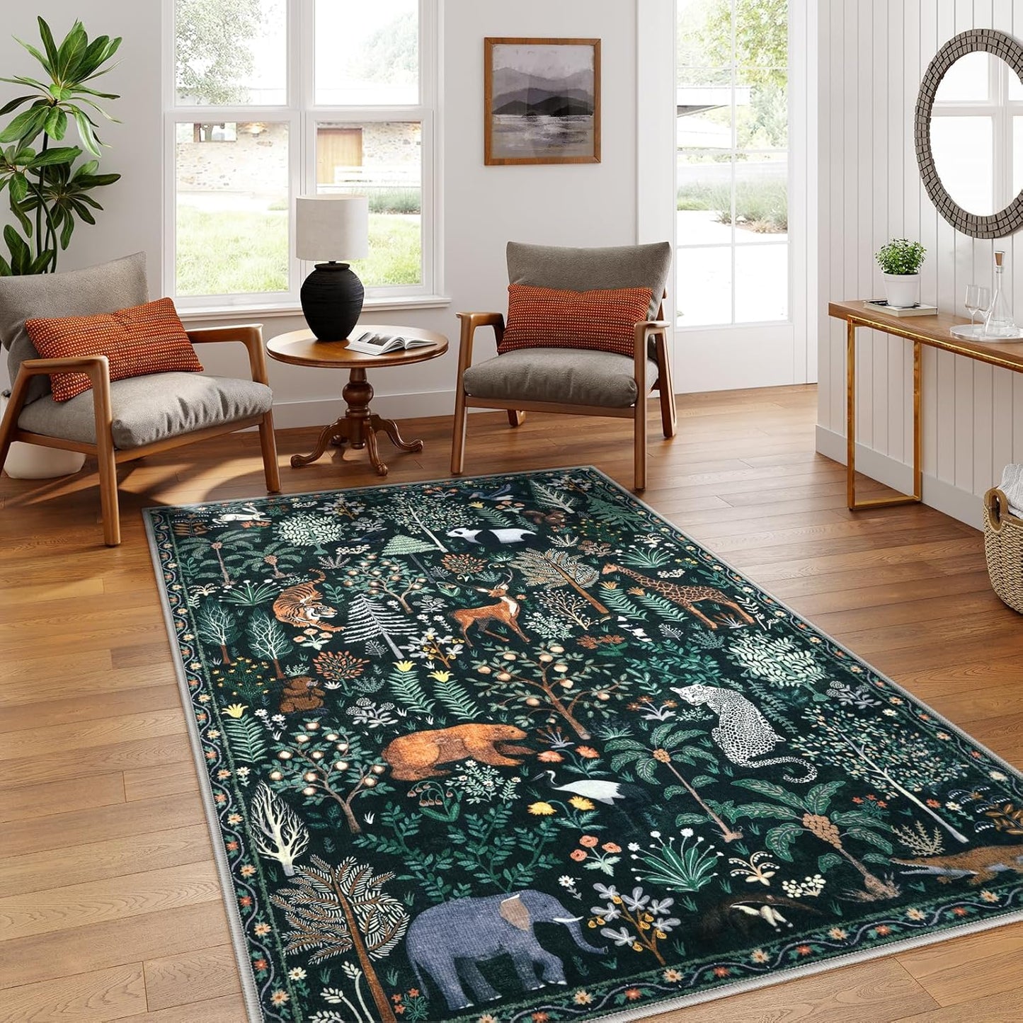 OJIA Jungle Print 5x7 Area Rugs for Living Room, Green Soft Washable Rugs for Bedroom Ultra-Thin Non-Slip Modern Rug, Stain Resistant Nursery Rug Carpet for Kids Playroom Nursery Dining Room