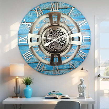 The Gears Clock Real Moving Gear Wall Clock England Line (Ocean Blue, 24 inches (60 cm))
