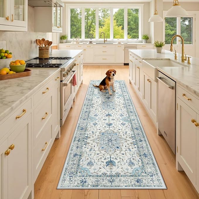 Area Rugs 2'x8' Washable Non-Slip, Floral Vintage Distress Print Pattern Medallion Carpet for Living Room Bedroom Dining Room, Light Blue Navy Beige Gray White