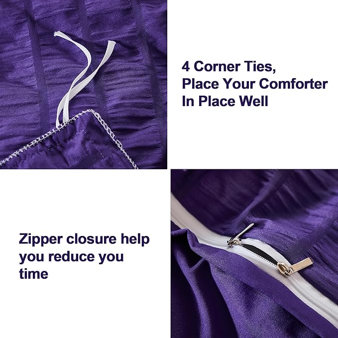 AveLom Dark Purple Duvet Cover Full(80 x 90 inches), 3 Pieces (1 Duvet Cover, 2 Pillow Cases),Seersucker Tripe Soft Washed Microfiber Textured Duvet Cover Set with Zipper Closure, Corner Ties
