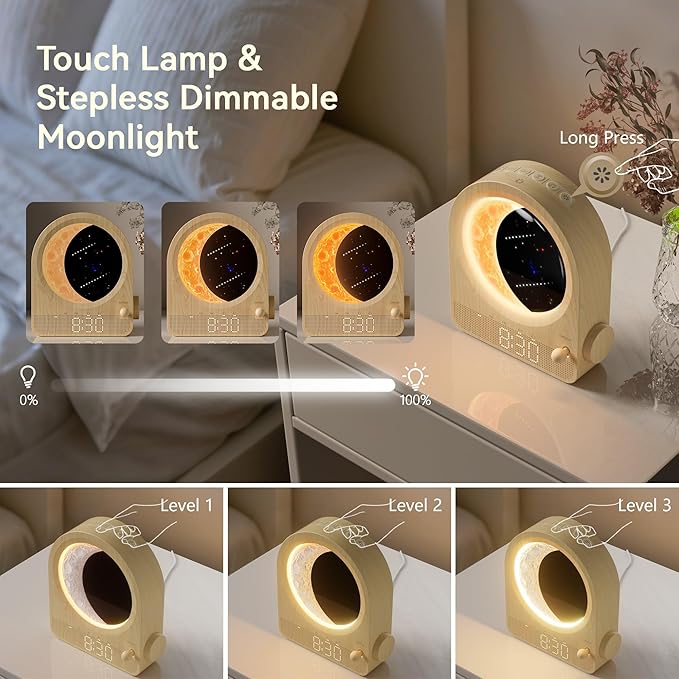 Sunrise Alarm Clocks for Bedrooms, Stepless Dimmable Moon Lamp Dual Alarm Clock with 12Levels Volume for Heavy Sleepers, 10 Natural Sounds with 30/60/90mins Timer, Gifts for Women