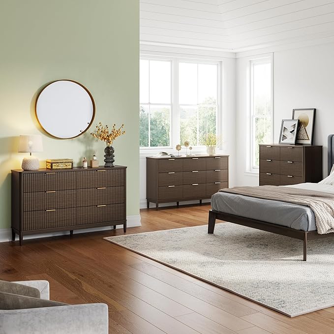 LINSY Fluted Dresser for Bedroom with 5 Drawers, Mid Century Modern Chest of Drawers with Gold Metal Handles, Tall Boho Wood Dressers, Large Farmhouse Storage Cabinet for Bedroom, Living Room, Walnut