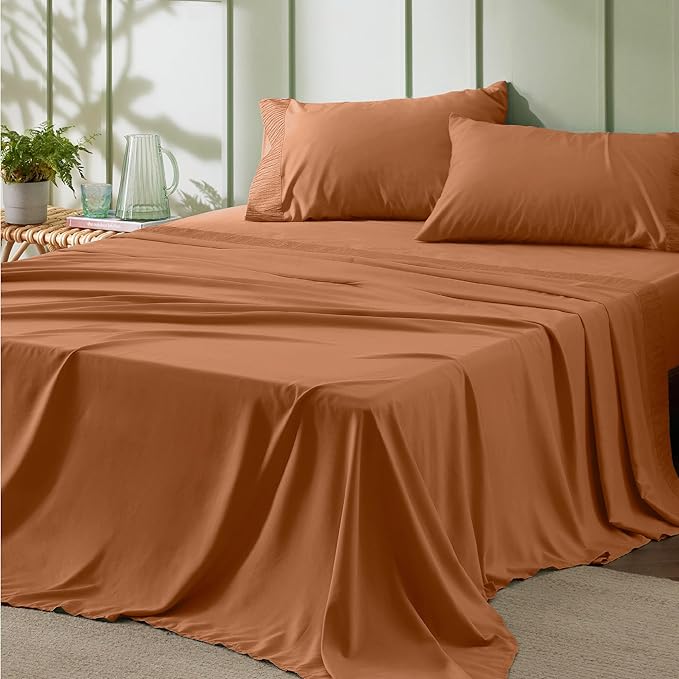 Bedsure King Size Sheets Set - 4 Pieces Soft King Sheets - Breathable & Cooling - Hotel Luxury - Easy Care Polyester Microfiber Bedding for Women, Men, Terracotta