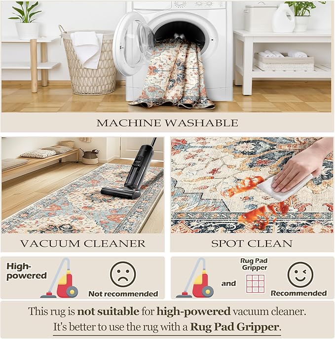Area Rugs Square 4ft Washable Non-Slip, Floral Vintage Distress Print Pattern Medallion Carpet for Living Room Bedroom Dining Room, Beige Navy Blue Orange Colorful