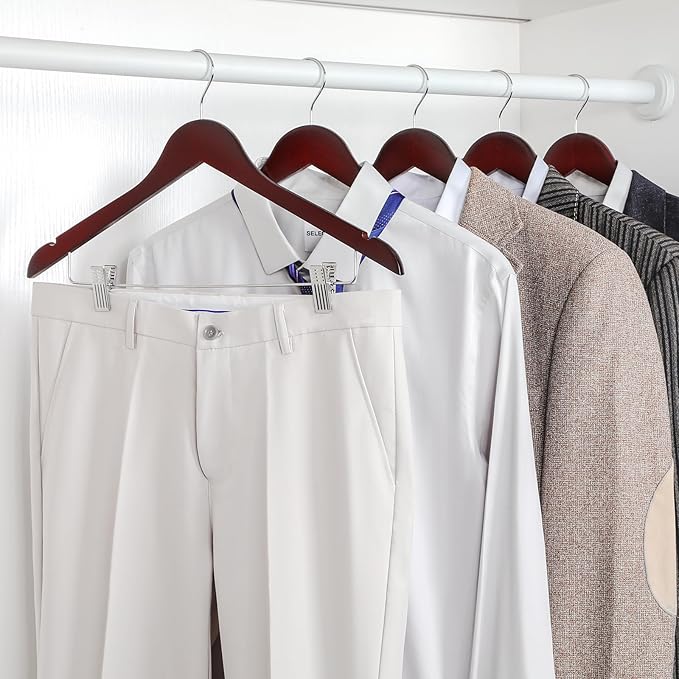 TOPIA HANGER Wooden Suit Hangers with Adjustable Metal Clips (20 Pack), Solid Wood Clothes Hangers, 360° Swivel Hook, Premium Retro Finish Pants Hangers for Clothes Coat, Jeans, Blouse- Cherry CT28M20