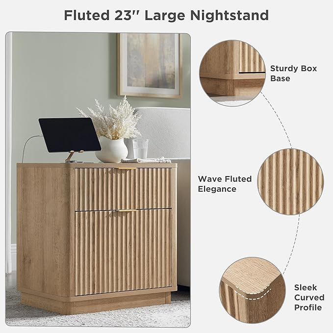 T4TREAM 23'' Fluted Nightstand with Charging Station, Large 2 Drawer Bedside Table, Modern End Table with Storage, Mid Century Night Stand for Bedroom, Living Room, Curved Profile, Natural Oak