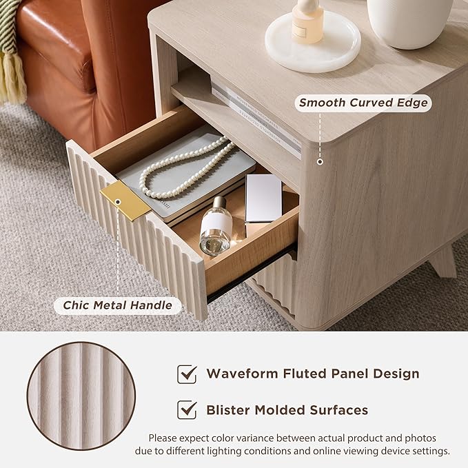 T4TREAM Fluted Nightstand with Charging Station, 18" Modern Side Table with 2 Drawers, End Table w/Storage, Bedside for Bedroom, Living Room, Curved Profile Design, White Alder