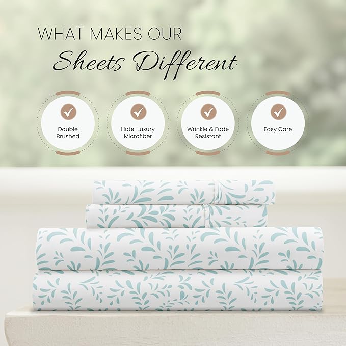 Linen Market Patterned Microfiber Queen Sheet Set 4 Piece – Oeko-TEX Certified Ultra Soft & Wrinkle-Free - 16" Deep Pocket Sheets - Easy Care Queen Size - Burst of Vines Light Blue