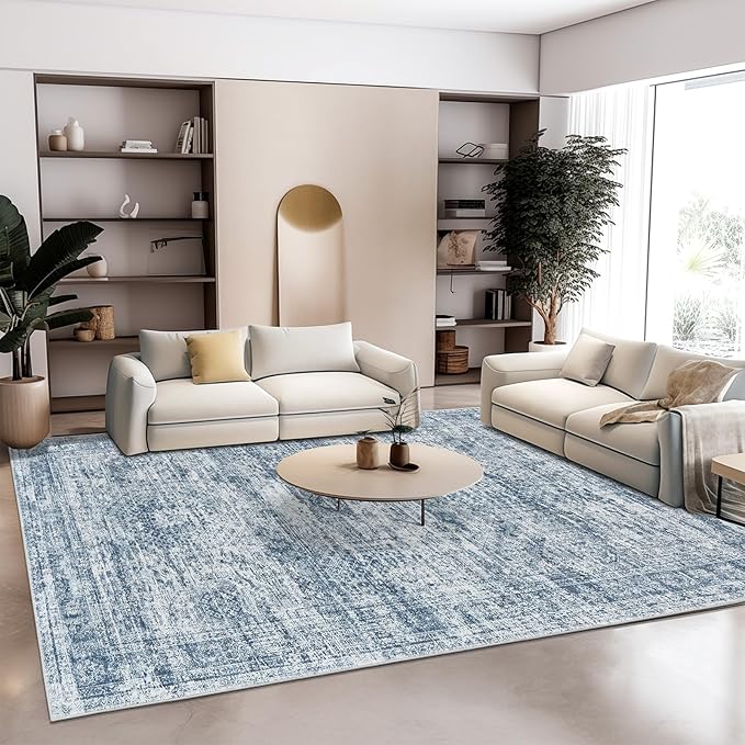 9x12 Area Rugs for Living Room, Non Slip Machine Washable Vintage Rugs, Low Pile Lightweight Large Rug for Bedroom, Dining Room, Home Office Blue
