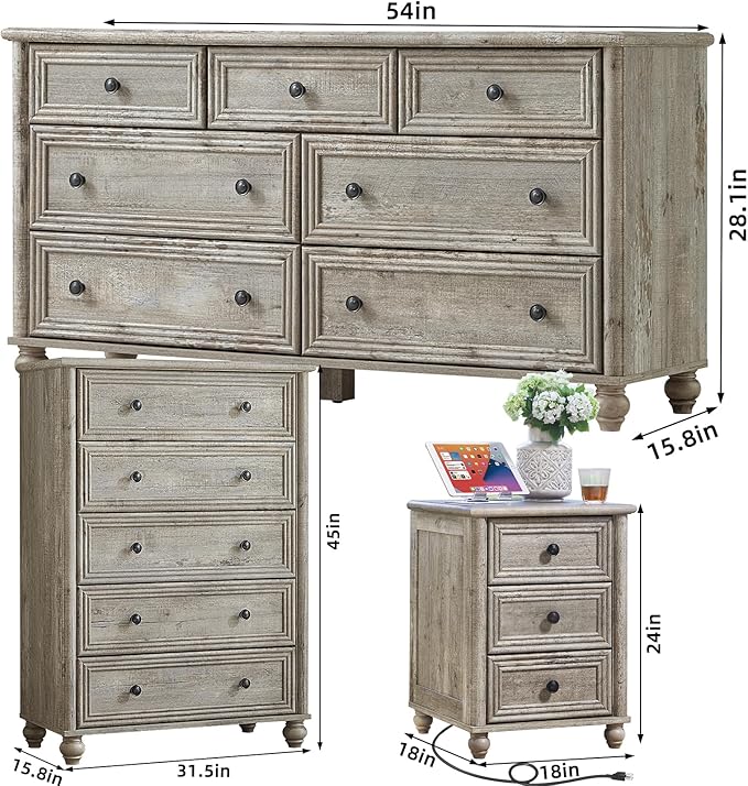 Farmhouse Dressers & Night Stand Set of 4, Wood 54" Wide Dresser & 45" Tall Chest of Drawers, 18" with Charging Station Nightstand Set of 2, Bedroom Furniture Dresser Set for Home Living Room Hallway