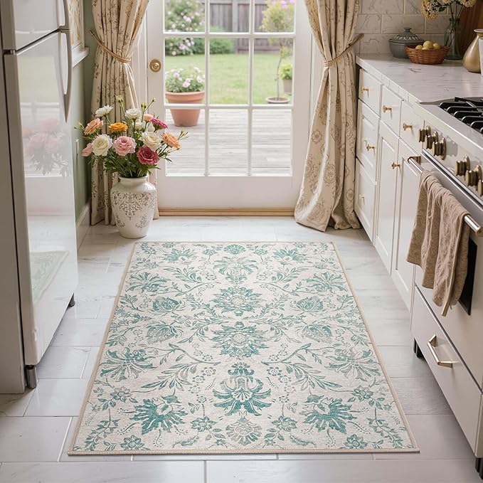 jinchan Torino 3x5 Area Rugs for Entryway Vintage-Inspired Floral Design Machine Washable Non-Slip Low-Pile Rug Ultra-Thin Indoor Traditional Accent Carpet for Entrance Kitchen Bedroom Hallway