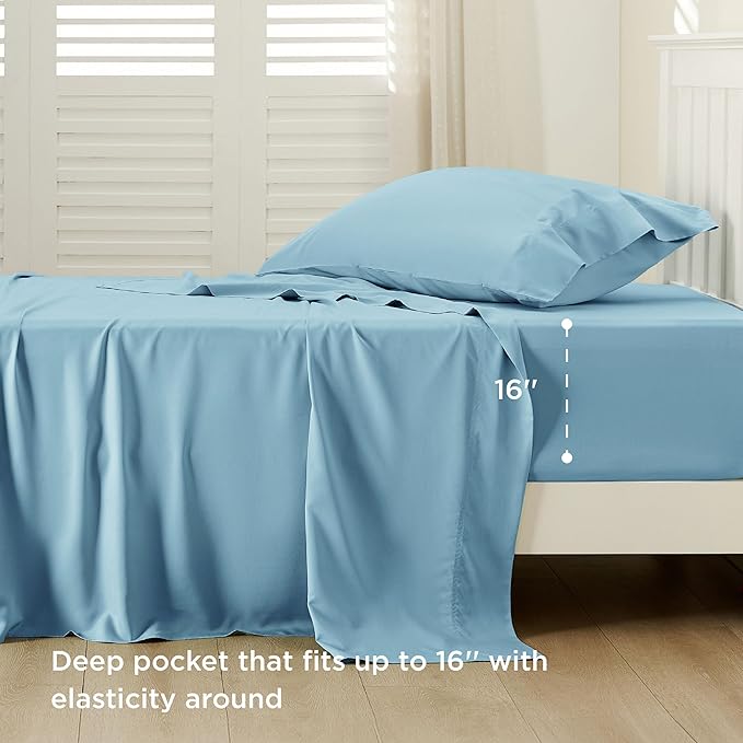 Bedsure Cooling Sheets Twin, Rayon Derived from Bamboo, Breathable & Soft Twin Sheets Set, Deep Pocket Up to 16 Inches, Hotel Luxury Silky Bedding for Hot Sleepers, Aqua