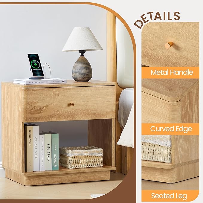 Narrow Nightstand Set of 2, Wooden Small 2 Drawer Nightstand, Slim Side End Table, Skinny Bedside Table, Mid Century Modern Night Stand with Drawers, for Living Room (Natural-Charging Station-2 pcs)