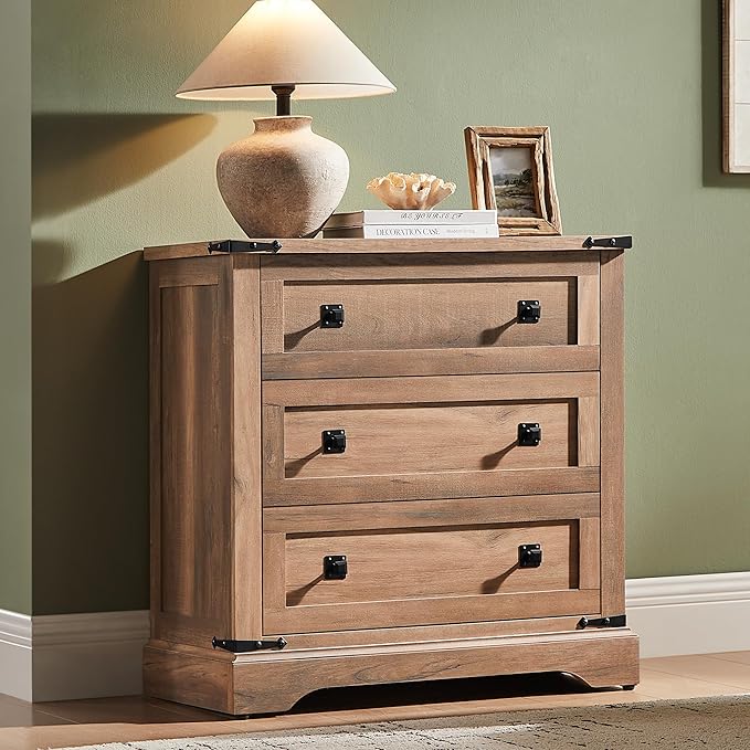 T4TREAM 32" Farmhouse Nightstand with Charging Station Set of 2, Large End Table with 3 Storage Drawers, Rustic Wood Bedside Table for Bedroom, Living Room, Rustic Oak