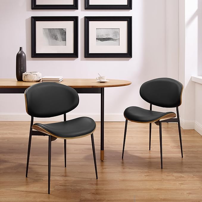 Art Leon Genuine Leather Dining Chairs Set of 2, Mid Century Modern Chair, Upholstered Kitchen Dining Room Chairs, Armless Accent Chair with Black Walnut Bendwood, Black