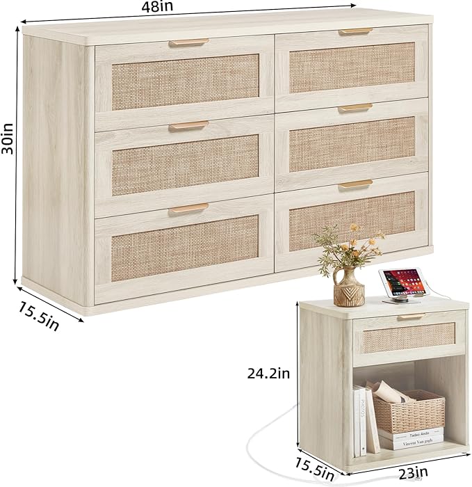 LEYAOYAO Rattan Dresser and Nightstand Set of 2, Boho Wood Dresser for Bedroom with 6 Drawers and Night Stand with Charging Station, Bedroom Furniture, Dressers & Chests of Drawers,Living Room,Hallway