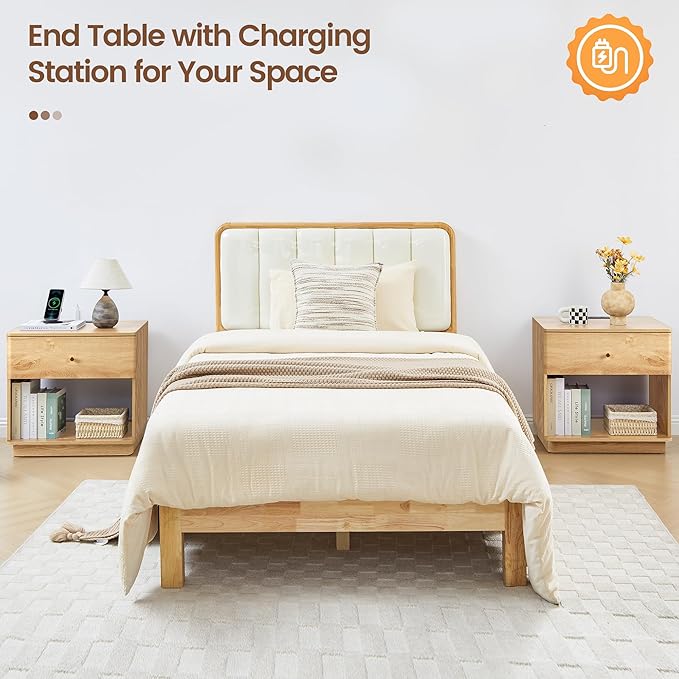 Narrow Nightstand Set of 2, Wooden Small 2 Drawer Nightstand, Slim Side End Table, Skinny Bedside Table, Mid Century Modern Night Stand with Drawers, for Living Room (Natural-Charging Station-2 pcs)