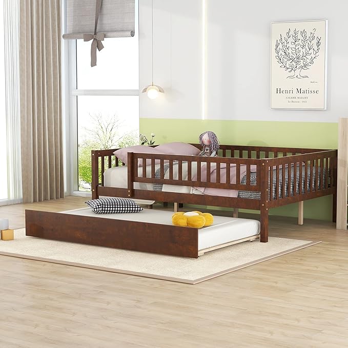 Bellemave Full Size Bed Frames with Rails for Kids, Full daybed Frame with Trundle for Boys/Girls/Adults，Walnut