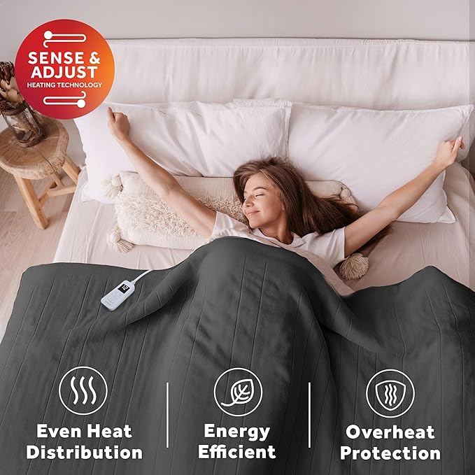 Sunbeam Electric Royal Luxe Microplush Heated Blanket, 12 Heat Settings, 12-Hour Auto Shut-Off, Fast Heating, Warm & Cozy, Machine Washable, Night Fog Color, Twin (84" x 62")