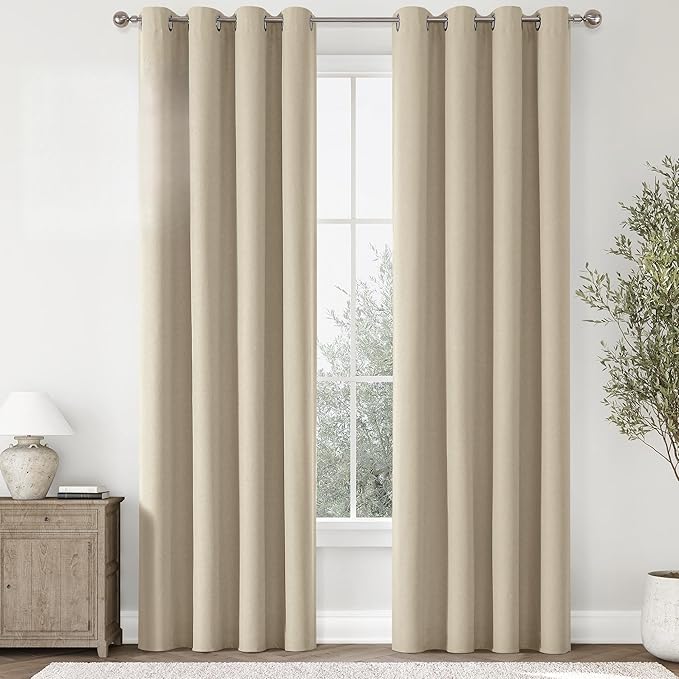 ChrisDowa 100% Blackout Natural Solid Solid Curtains 90 Inches Long 2 Panels for Bedroom Living Room,Farmhouse Room Darkening Thermal Insulated Soundproof Grommet Top Window Treatment Drapes,52x90