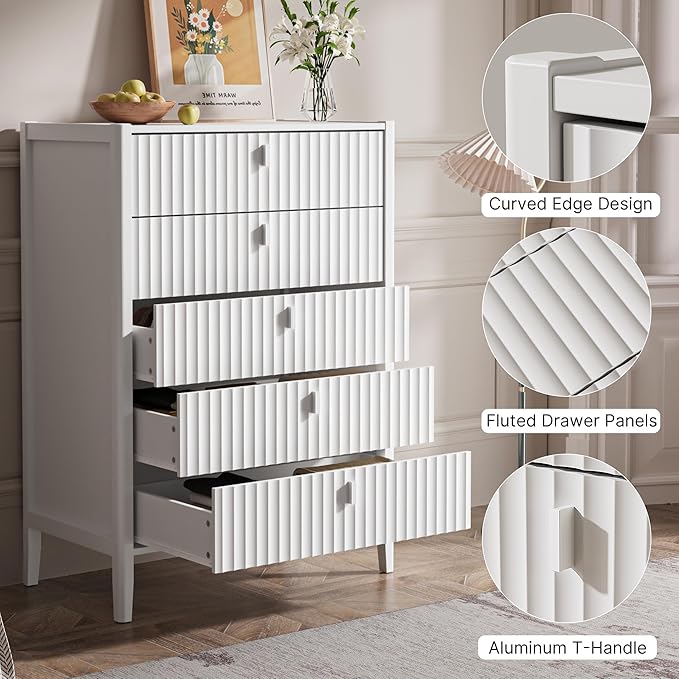 5 Drawer Dresser, Modern Chest of Drawers for Bedroom, Wood Fluted Dresser Organizer with Deep Drawers for Clothes, Nightstand for Bedroom, Hallway, Living Room, Entryway, White