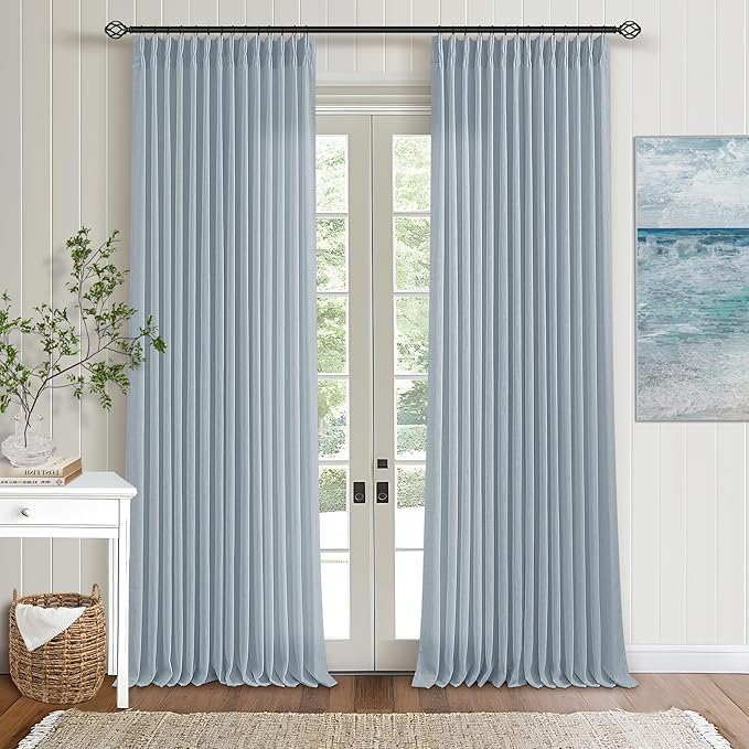 Dusty Blue Linen Pinch Pleated Curtains 108 Inches Long 2 Panels for Living Room Bedroom Light Filtering Drapes 108 Inch Length Sky Grey Blue Semi Sheer Memory Shape Trained Ceiling Floor Curtain