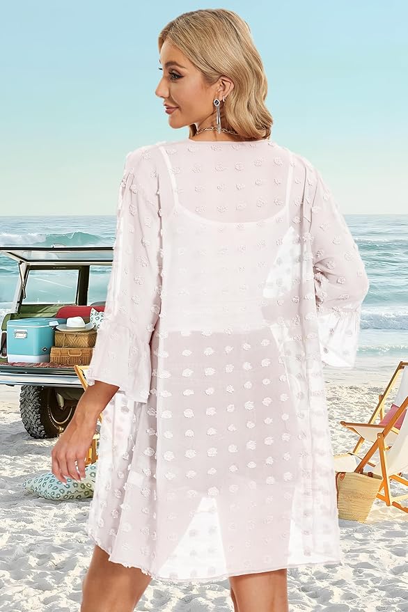 CHICGAL Womens Kimono for Summer Puff Sleeve Cardigan Casual Loose Fit Beach Cover Ups Resorts Swimwear