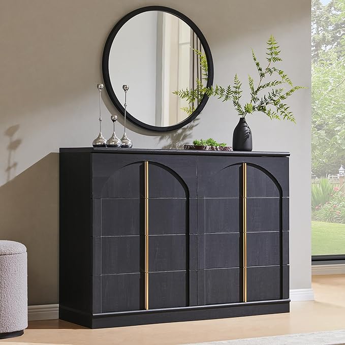 ACCOHOHO Large Dresser for Bedroom with 8 Drawers with Arched Panel,Modern Minimalist Chest of Drawers with Gold Handles,Wood Storage Closet Dressers Tv Stand for Living Room, Hallway,Black