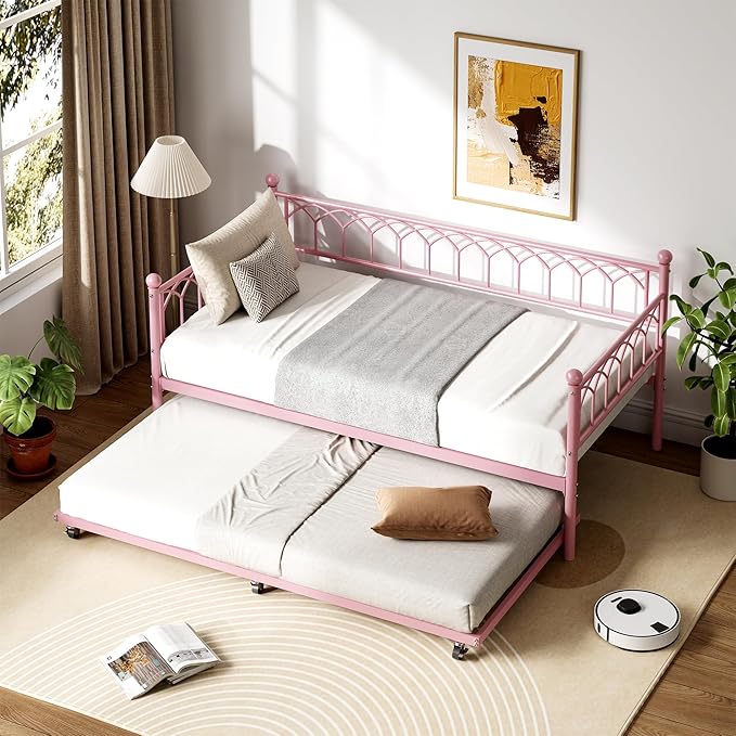 GarveeHome Twin Size Metal Roll Out Trundle Bed Frame with Wheels and Slats Support, Pink