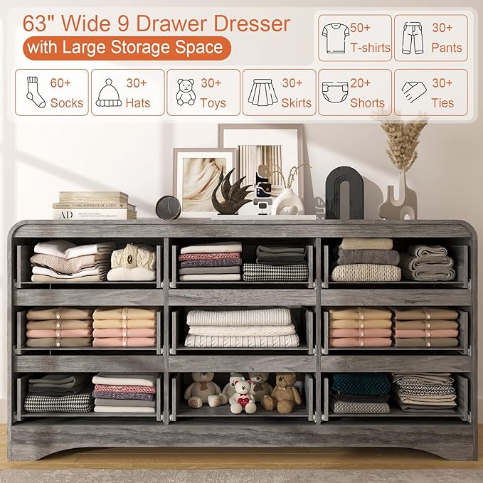 9 Drawer Dresser and Nightstand Sets for Bedroom, 3 Piece Bedroom Set, Wood 9 Drawer Dresser & Night Stand Set of 2, Large Chest of Drawers Modern Storage Cabinet Bedroom Furniture Set, Grey