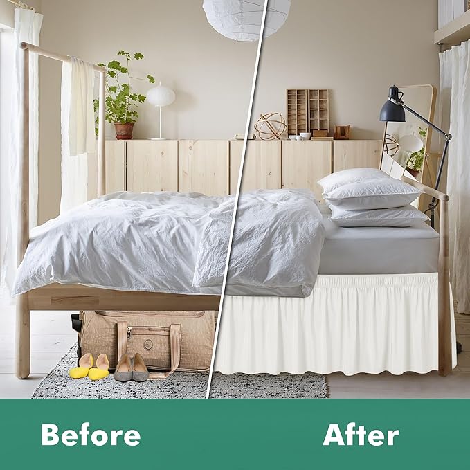 Biscaynebay Wrap Around Bed Skirts with Split Corners for King Beds 17" Drop, Ivory Elastic Dust Ruffles Easy Fit Wrinkle & Fade Resistant Silky Luxurious Fabric Solid Machine Washable