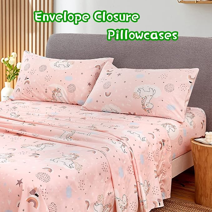 JSD Pink Unicorn Kids Sheet Set Full Size, 4 Piece Girls Rainbow Printed Microfiber Bed Sheets Deep Pocket