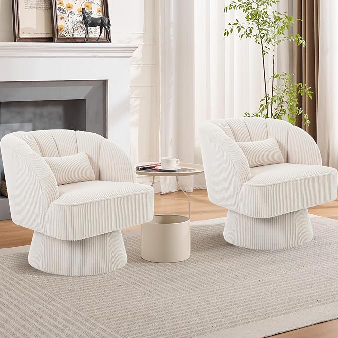 GarveeHome Modern Swivel Barrel Accent Chair, 360° Velvet Upholstered Armchair with Striped Backrest & Plush Padding, Comfy Round Lounge Chair (1, Beige + Corduroy)