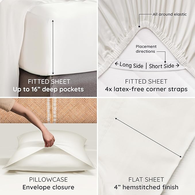 Bambaw King Sheet Set 6pcs – 100% Viscose Derived from Bamboo Sheets King Deep Pocket, Fits Up to 16'' with Elastic Corner Straps, King Cooling Sheets, Hotel Luxury Bed Sheets Set (Ivory)