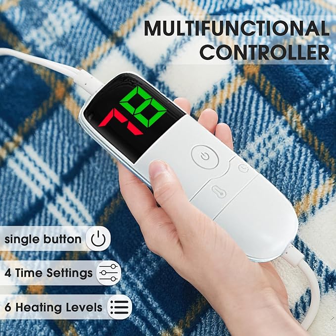 Heated Electric Blanket Twin Size,62X84 Heating Blanket with 10 Heats Levels&8 Hours Auto Off&Timer,Blue Plaid Soft Cozy Sherpa Blankets Warmer Gifts for Grandma Women Adult,Fast Heating Washable