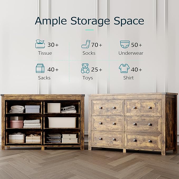 Dresser for Bedroom with 6 Drawers, Farmhouse Wood Chest of Drawers, Wide TV Stand Closet Storage Furniture with Metal Handle, Modern Clothes Organizer for Hallway, Living Room, Entryway, Brown