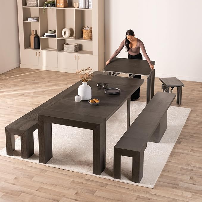 Transformer Table - Solid Wood Extendable Dining Table, Seats 2-12, Extendable Dining Room Table, Space-Saving Furniture, Expandable Dining Furniture (Dark Grey, Table + 2 Benches)