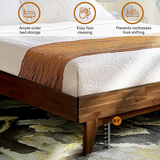 Acacia Aurora Bed Frame with Headboard Solid Wood Foundation, Queen Bed Frame, Contemporary Signature Solid Wood Foundation Compatible with All Mattress Types, Non-Slip and Noise-Free, Chocolate