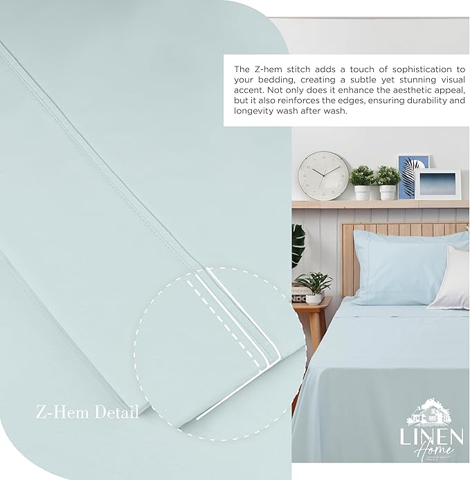 Linen Home 100% Cotton Percale Sheets Queen Size, Blue Duck Egg, Deep Pocket, 4 Pieces Set - 1 Flat, 1 Deep Pocket Fitted Sheet and 2 Pillowcases, Crisp Cool and Strong Bed Linen