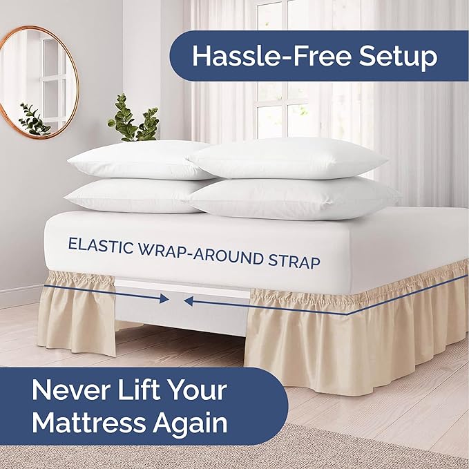 Wrap Around Dust Ruffle Bed Skirt - Cream - for King Size Beds with 12 Inch Drop - Easy Fit Elastic Strap - Adjustable Pleated Bedskirt w/Brushed Fabric - Wrinkle Free - for Women, Men, Kids & Teens