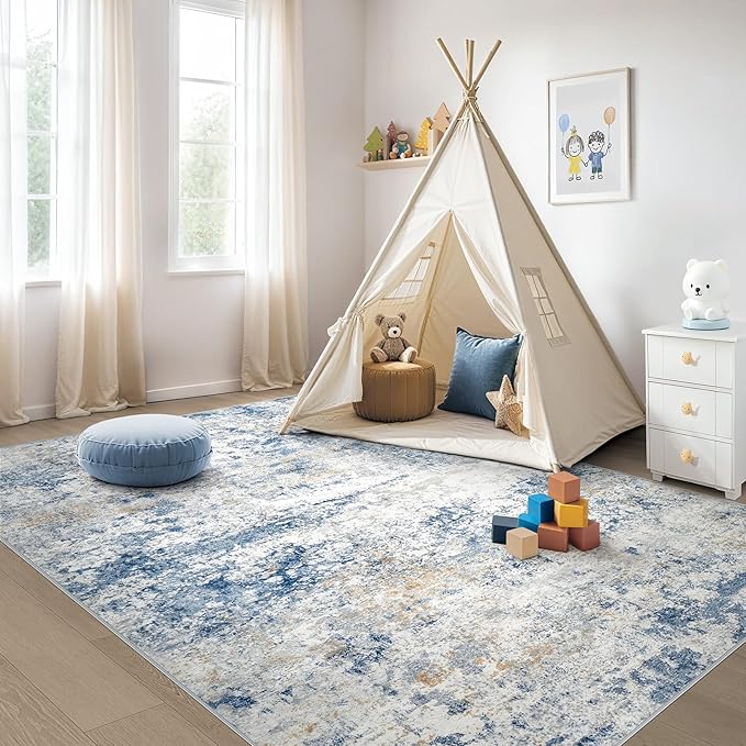 Area Rug Living Room Rugs - 4x6 Abstract Large Soft Indoor Washable Rug Neutral Modern Low Pile Carpet for Bedroom Dining Room Farmhouse Home Office - Blue