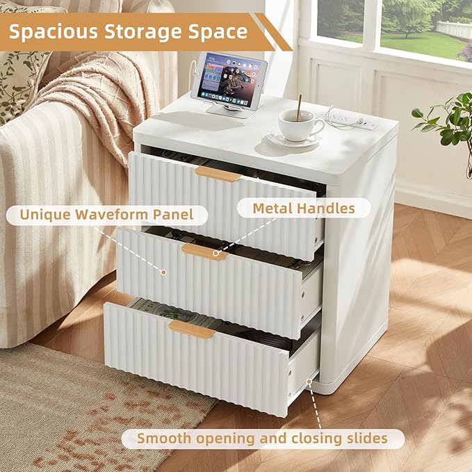 LEYAOYAO 23" Wide Fluted Night Stand with Charging Station,3 Drawers Large End Table with Storage,White Nightstand Wood Bedside Tables, Farmhouse Cabinet Dresser for Bedroom,Closet