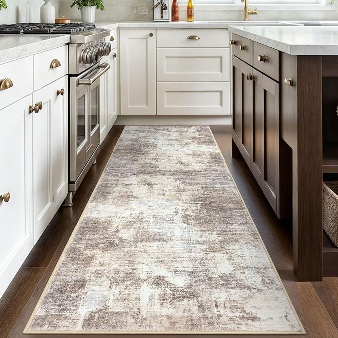 IOHOUZE Abstract Runner Rug 3x8 Ft Washable Runners for Hallways, Non Slip Kitchen Runner Printed Faux Wool Entryway Runner Indoor, Modern Abstract Floor Carpet for Hall Kitchen Bedroom, Beige Brown