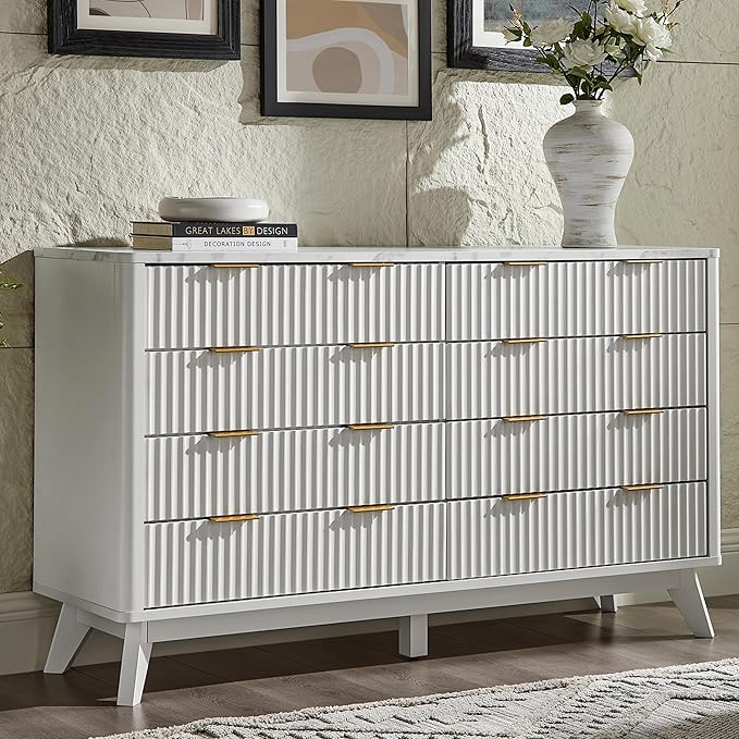 T4TREAM Fluted 8 Drawers Dresser, 54" Wide Modern Chest of Drawers with Faux Marble Top, Curved Profile Design, Dresser TV Stand, Wood Drawer Organizer for Bedroom, Living Room, Hallway, Solid White