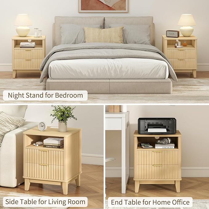 Night Stand with Charger Station, Fluted Nightstand with Drawers and Storage Shelf, Mid Century Modern Bedside Table Nightstands, Large Bed Side Table Wood Night Stands for Bedroom Living room