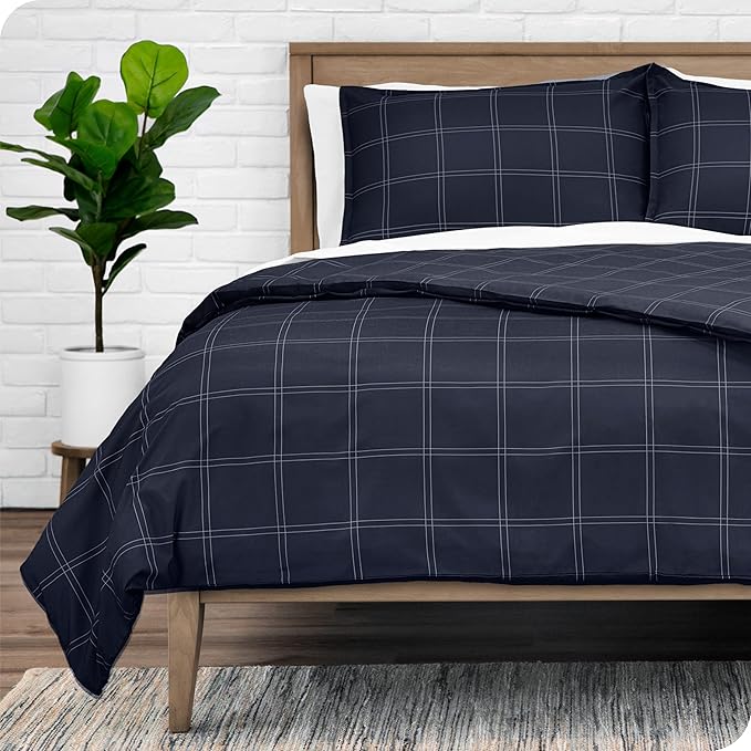 Bare Home Bedding Duvet Cover Set Queen Size - Premium 1800 Super Soft Collection - Lightweight, Duvet Cover - Soft Textured Bedding (Queen, Modern Plaid - Midnight Blue/White)